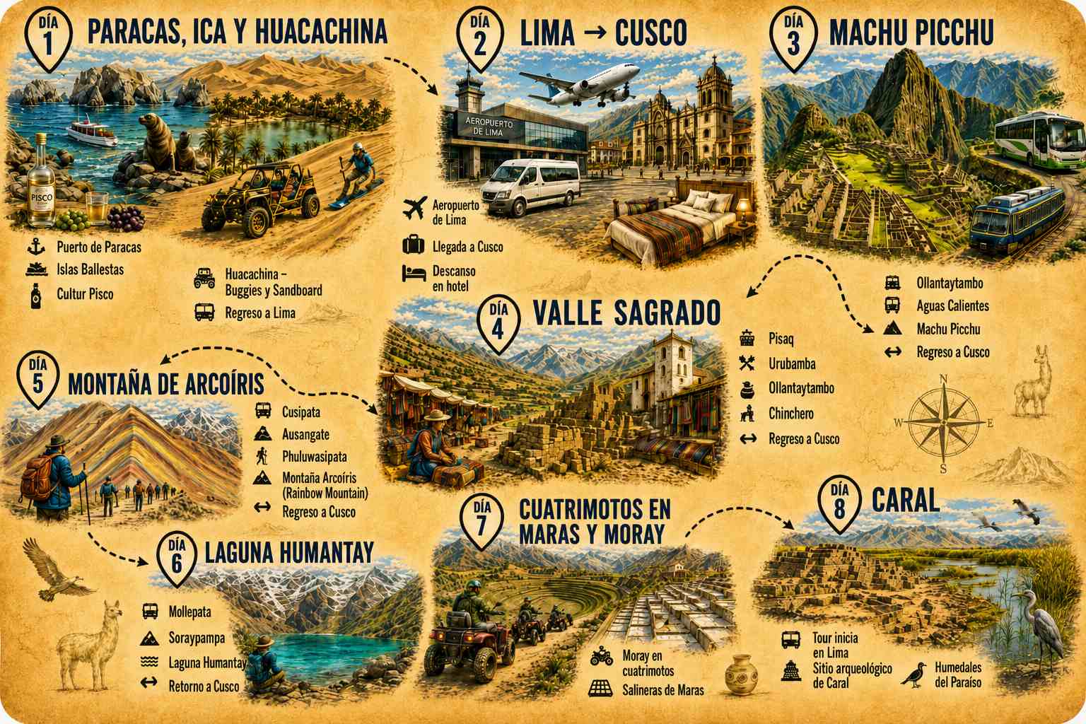 Lima, Ica, Cusco, Machu Picchu, Laguna Humantay, Caral
